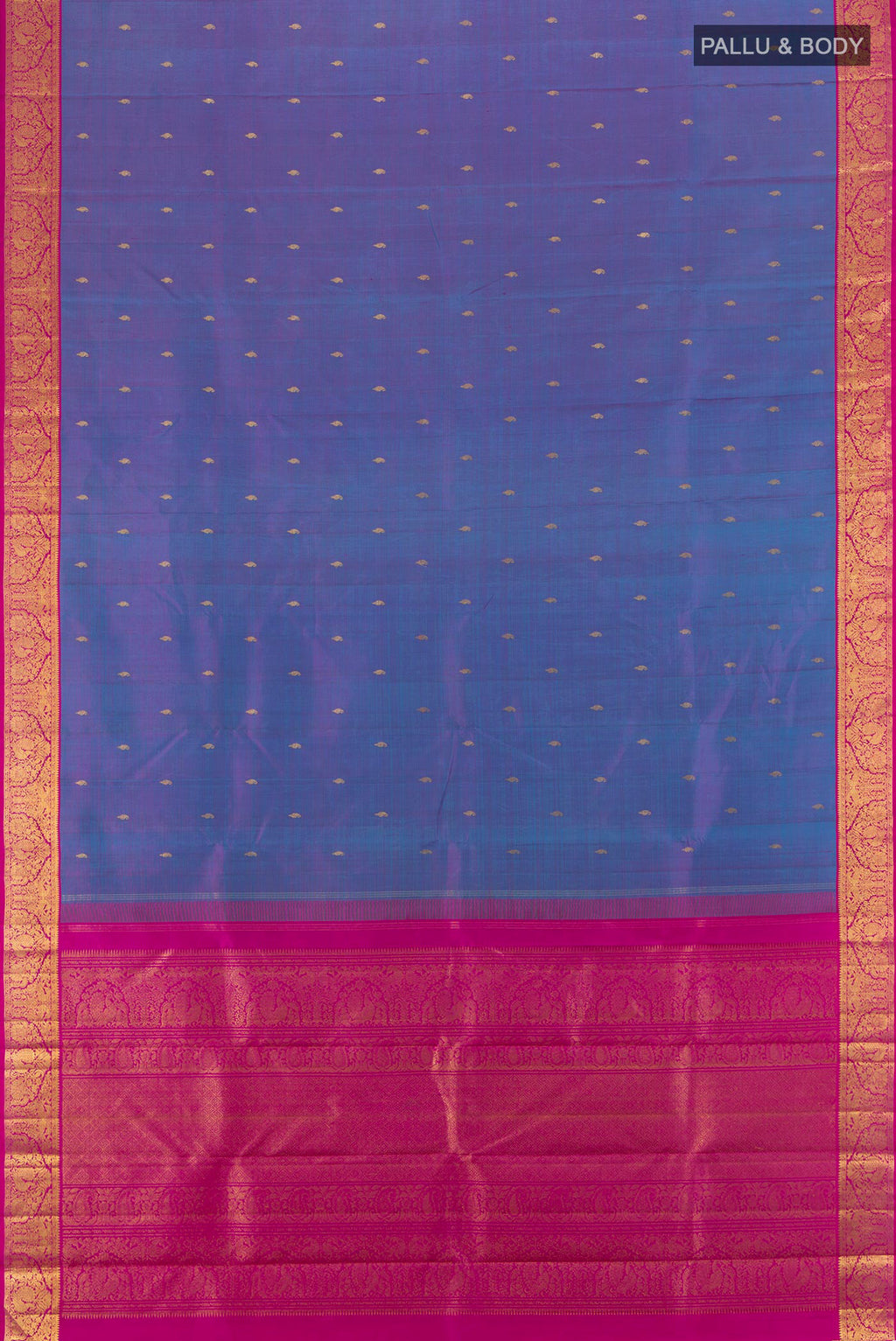 Flat view of Pure Silk Pure Zari Purple Kanchipuram Saree with Zari Butta on the body and Zari Border. 