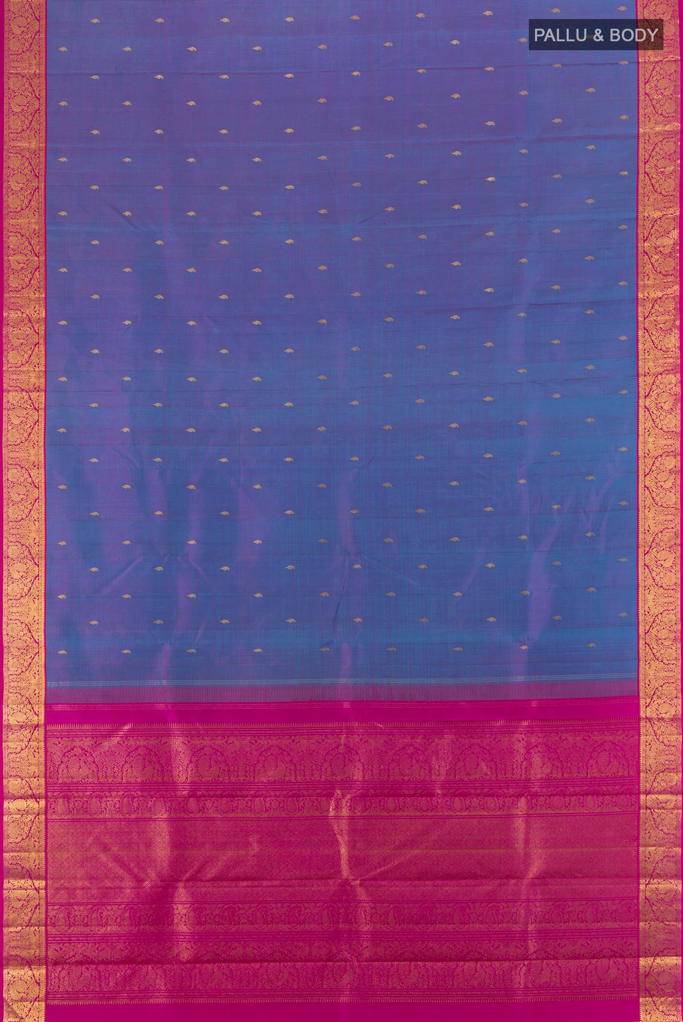 Flat view of Pure Silk Pure Zari Purple Kanchipuram Saree with Zari Butta on the body and Zari Border. 