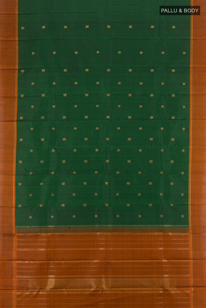 Flat view of Pure Silk Pure Zari Mint Green Kanjivaram Saree with Zari Butta on the body and Silk Border. 