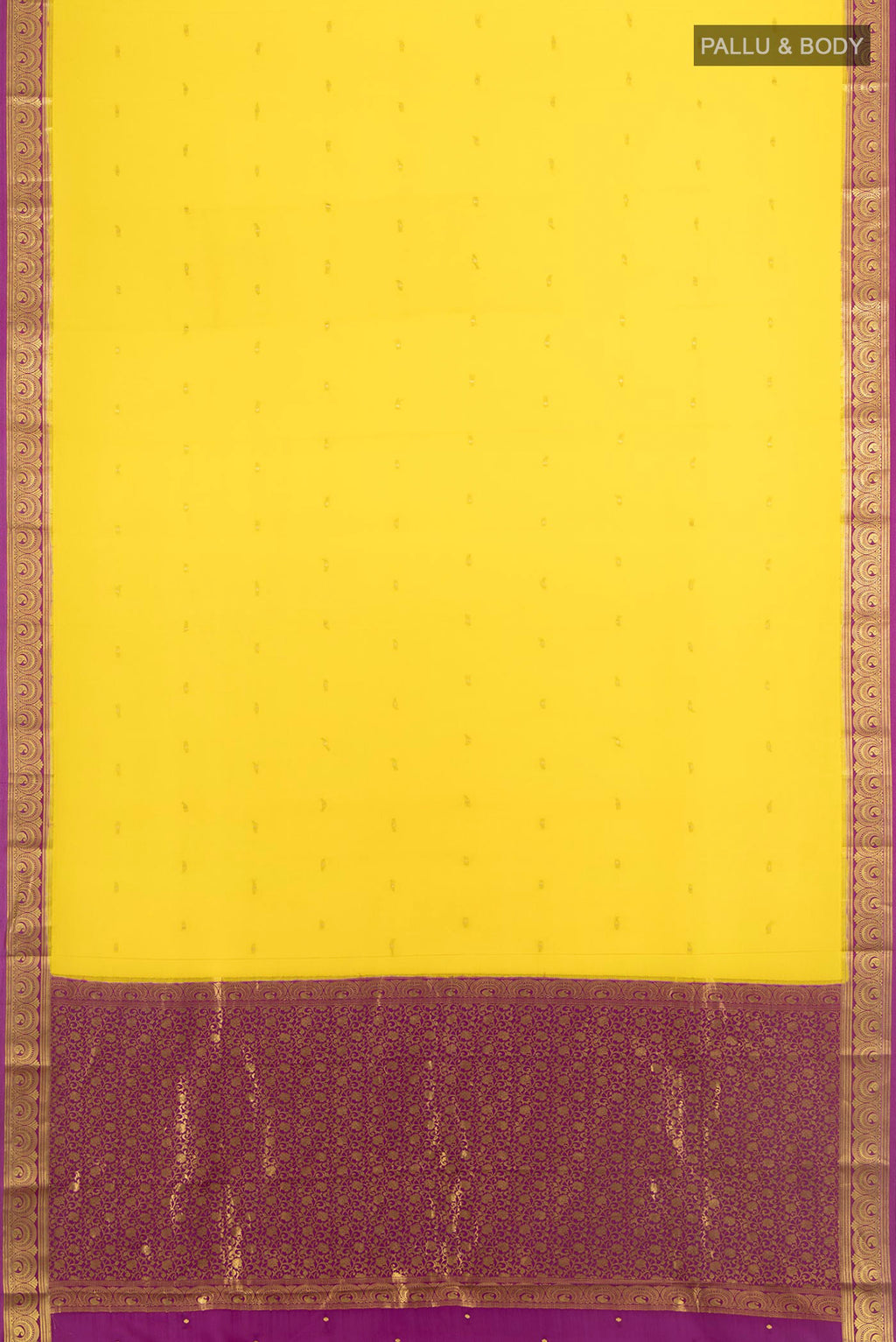 Flat view of Yellow Mysore Crepe Saree with Zari Butta on the body and Zari Border. 