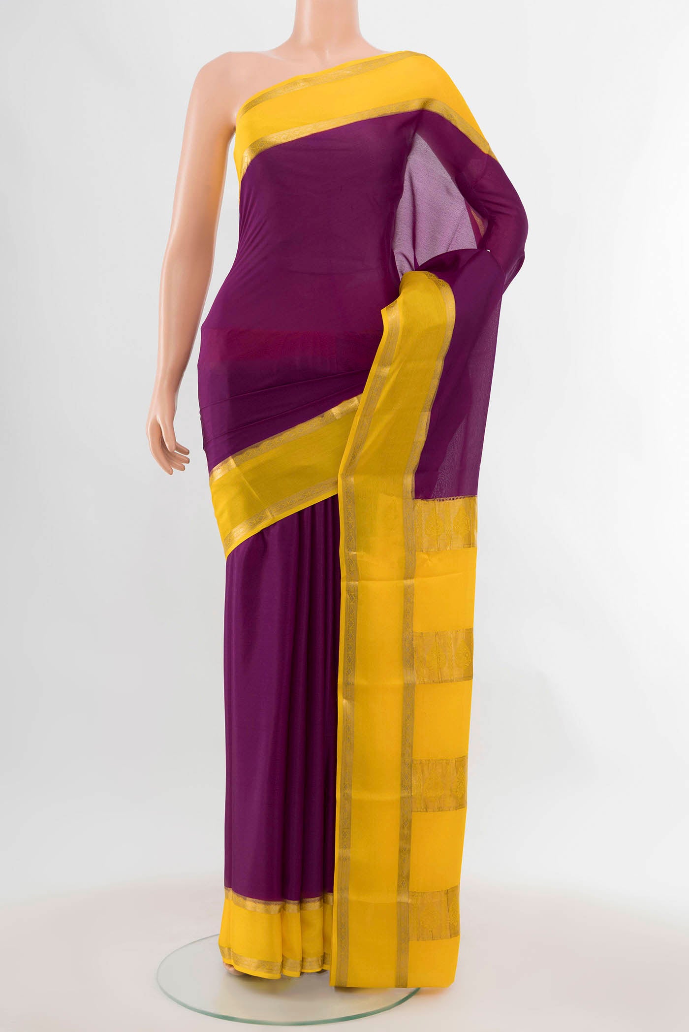 Purple Mysore Crepe Saree with Zari Butta on the body and Silk Border displayed on a mannequin