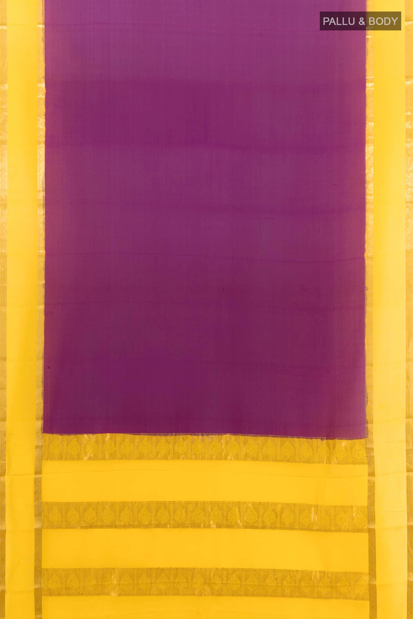 Flat view of Purple Mysore Crepe Saree with Zari Butta on the body and Silk Border