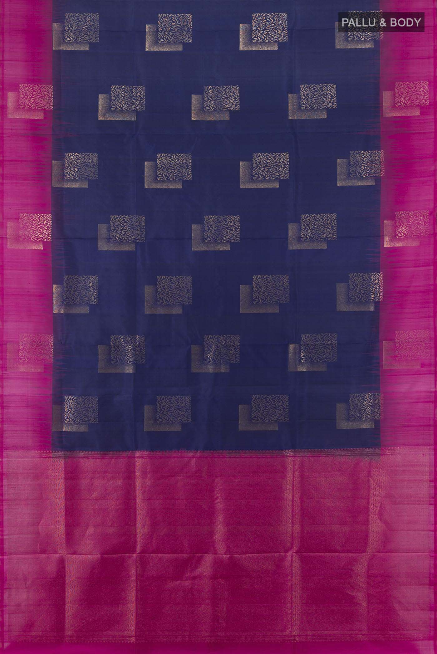 Flat view of Navy Blue Soft Silk Saree with Zari Butta on the body and Fancy Border. 