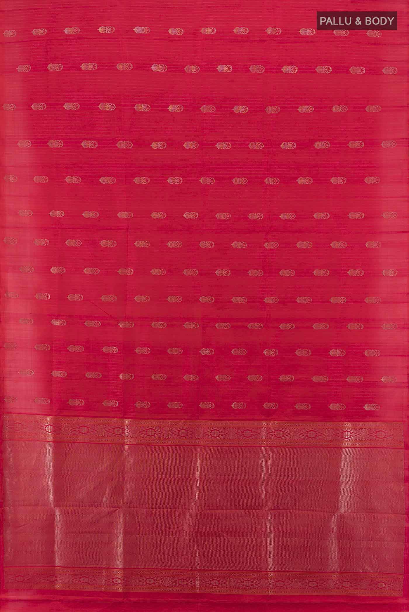 Flat view of Imperial Red Soft Silk Saree with Zari Butta on the body and Silk Border. 