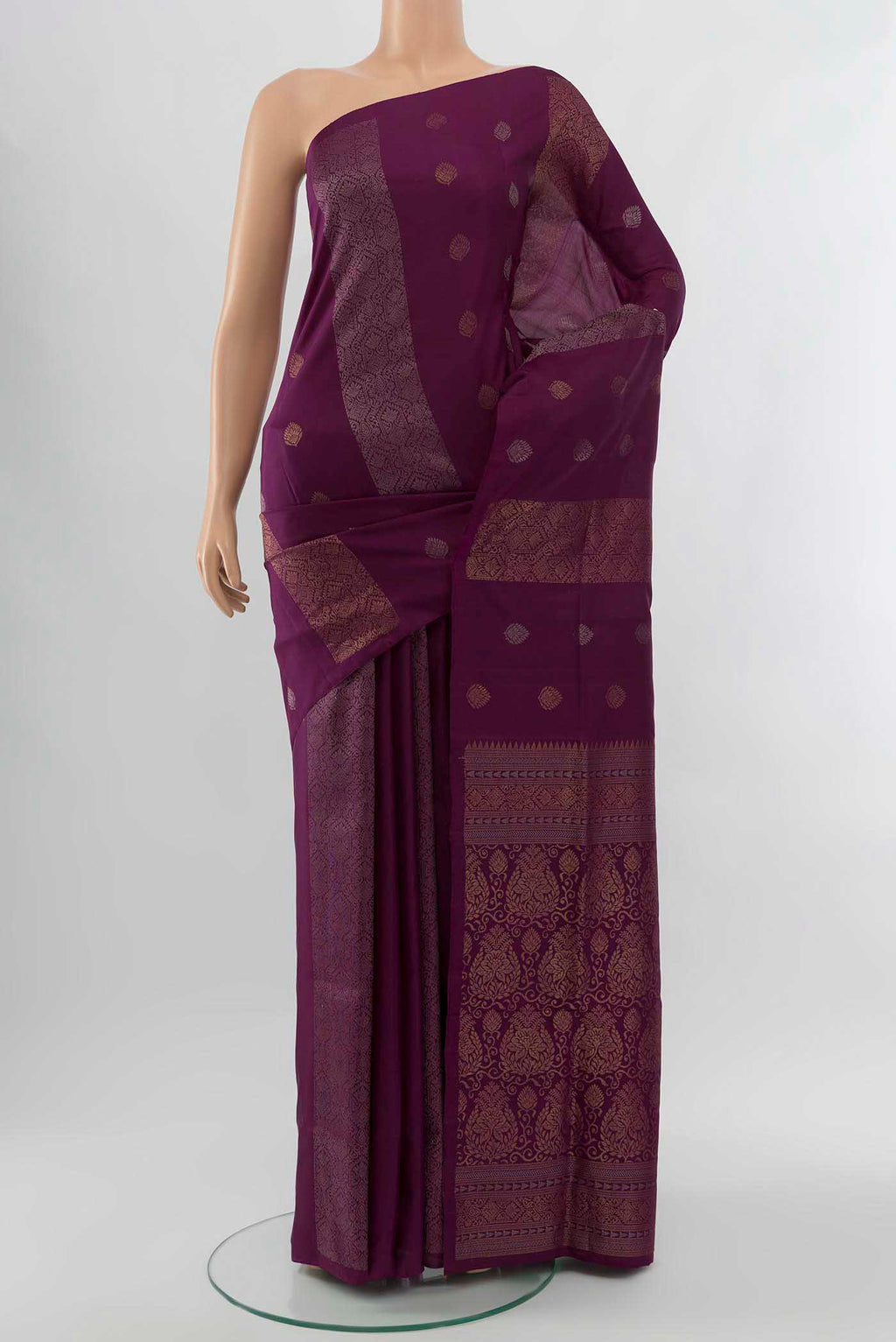 Purple Soft Silk Saree with Zari Brocade on the body and Silk Border displayed on a mannequin