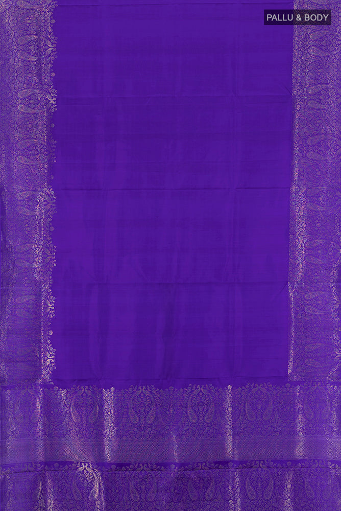 Flat view of Dark Blue Soft Silk Saree with Zari Butta on the body and Silk Border. 