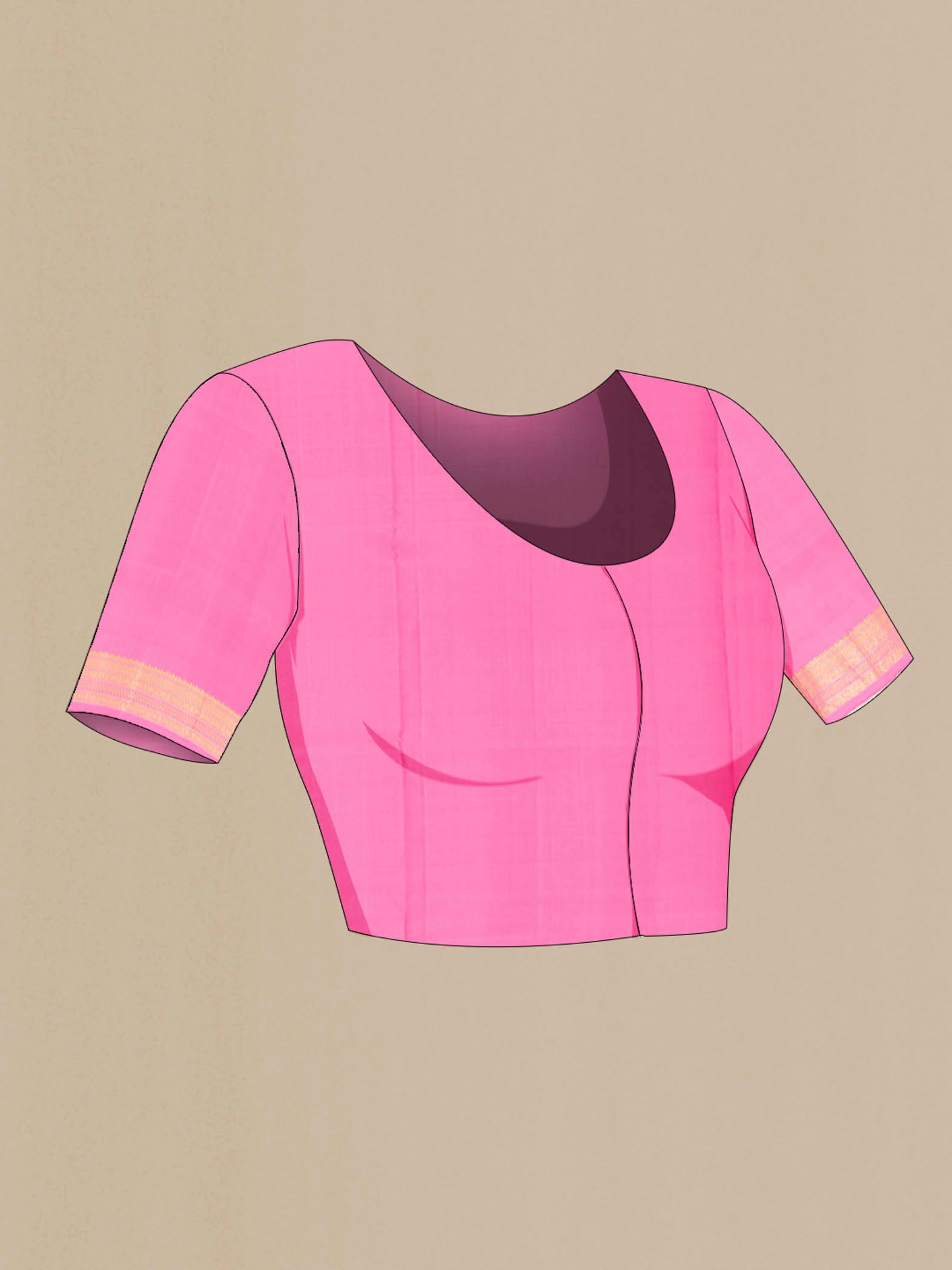 Close up image of the blouse of Rose pink Soft Silk Saree with Zari Butta on the body and Zari Border