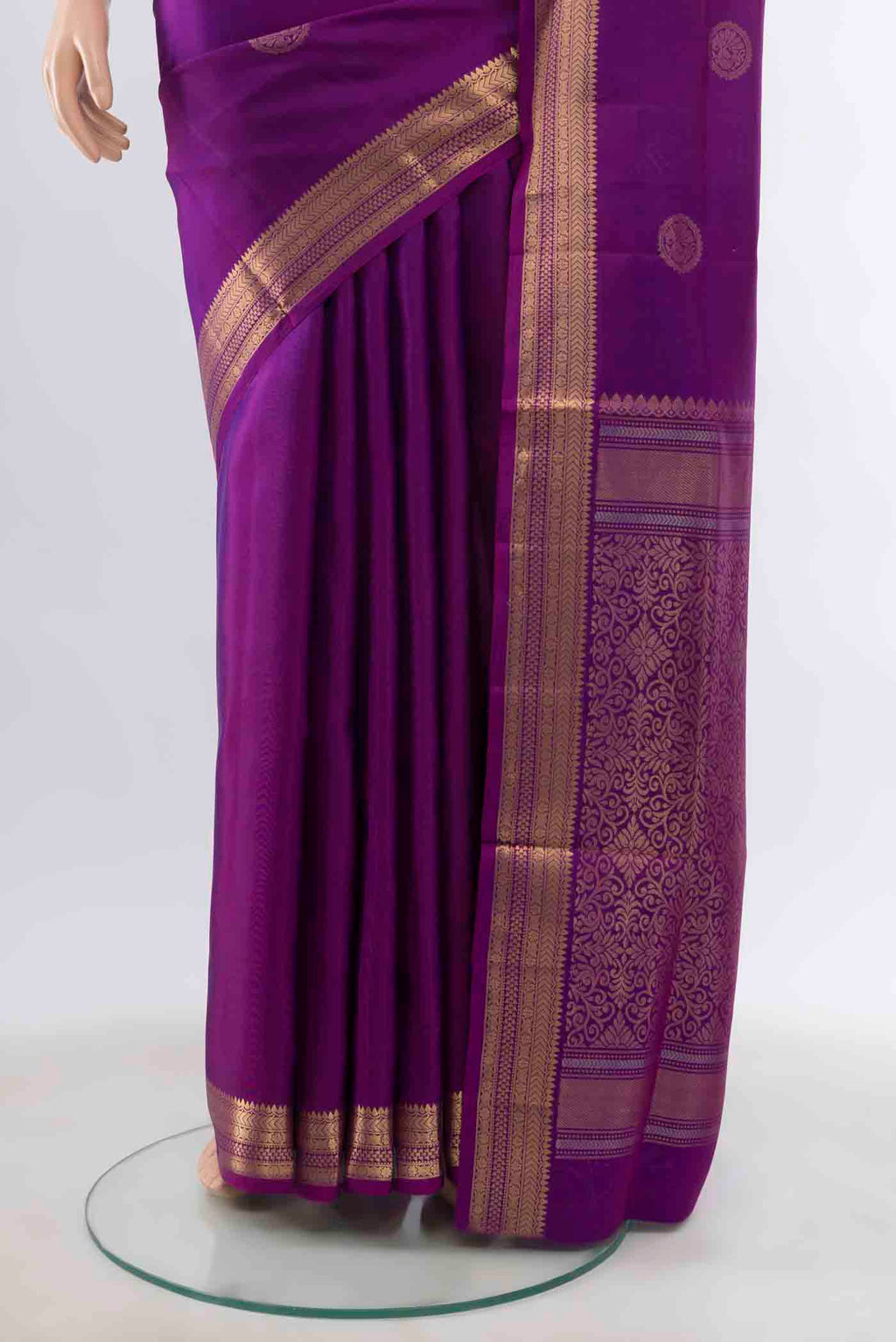Pleats and pallu of Purple Soft Silk Saree with Zari Butta on the body and Silk Border