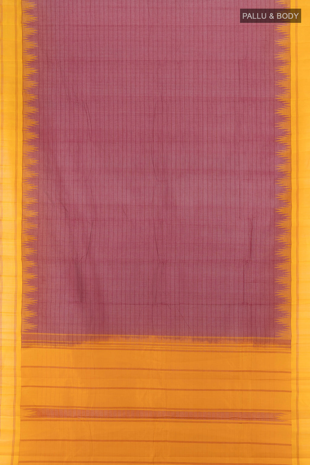 Flat view of Maroon Kanchi Cotton Saree with Plain Body and Silk Border. 