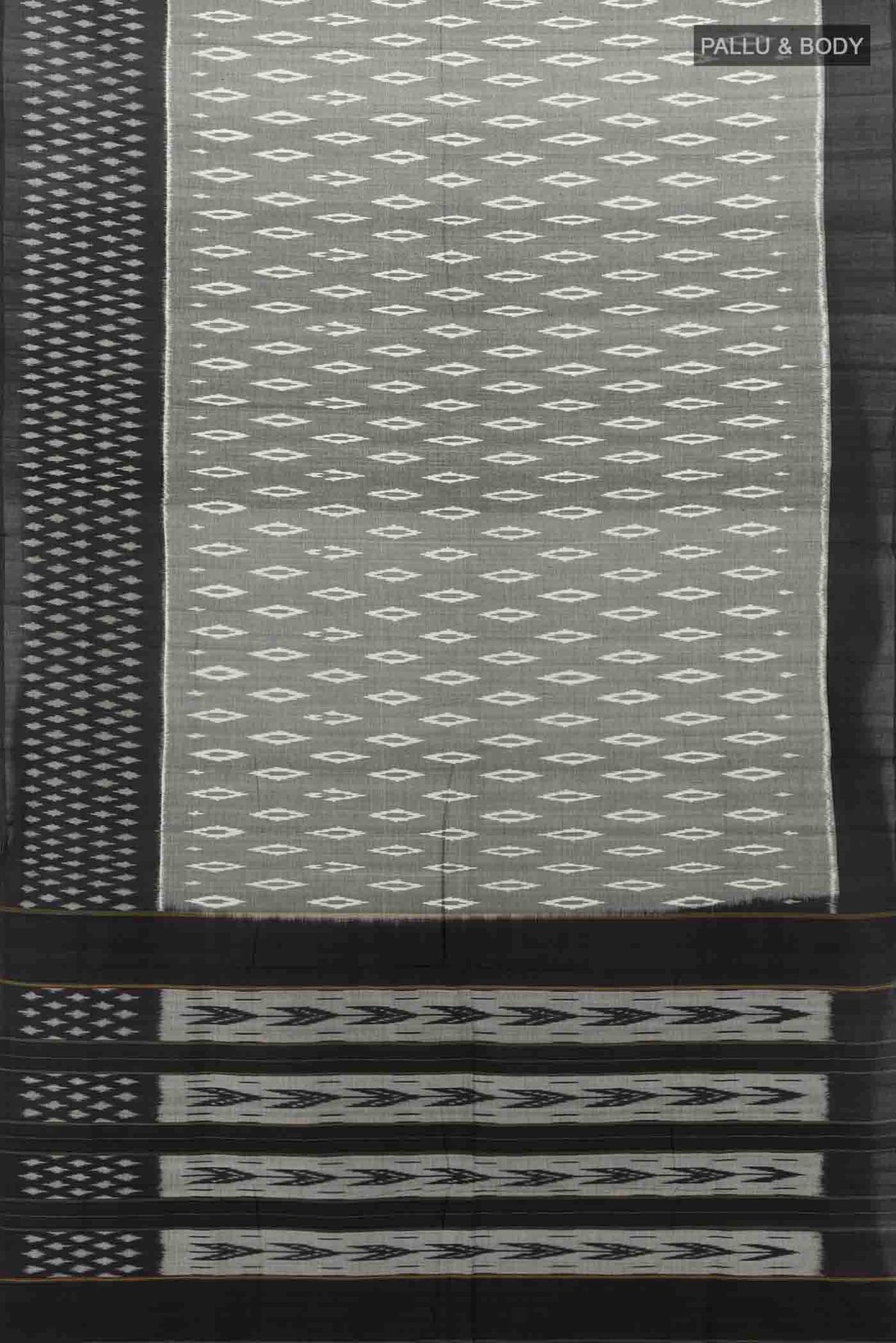 Flat view of Grey Pochampally Cotton Saree with Pure Ikat on the body and Plain Border