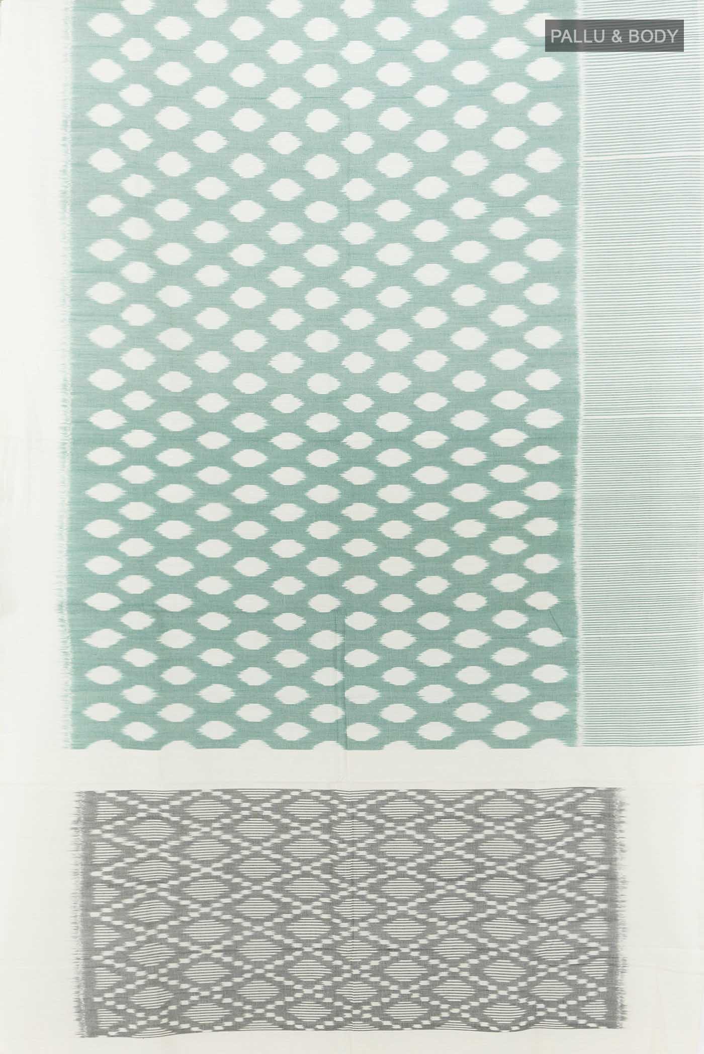 Flat view of Cream Pochampally Cotton Saree with Ikat Print on the body and Ikat Border. 