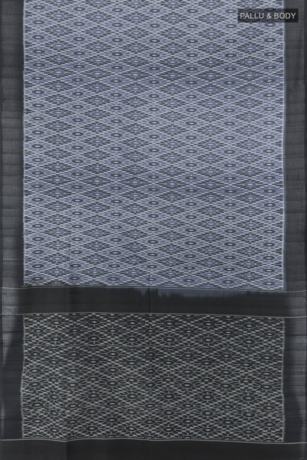 Flat view of Multi Color Pochampally Cotton Saree with Ikat Print on the body and Silk Border. 