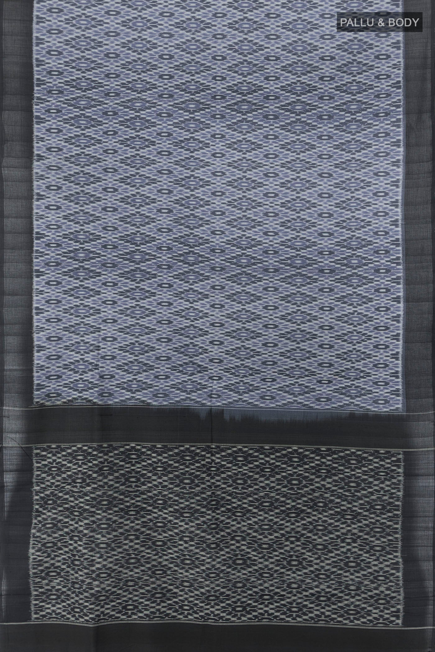 Flat view of Multi Color Pochampally Cotton Saree with Ikat Print on the body and Silk Border. 