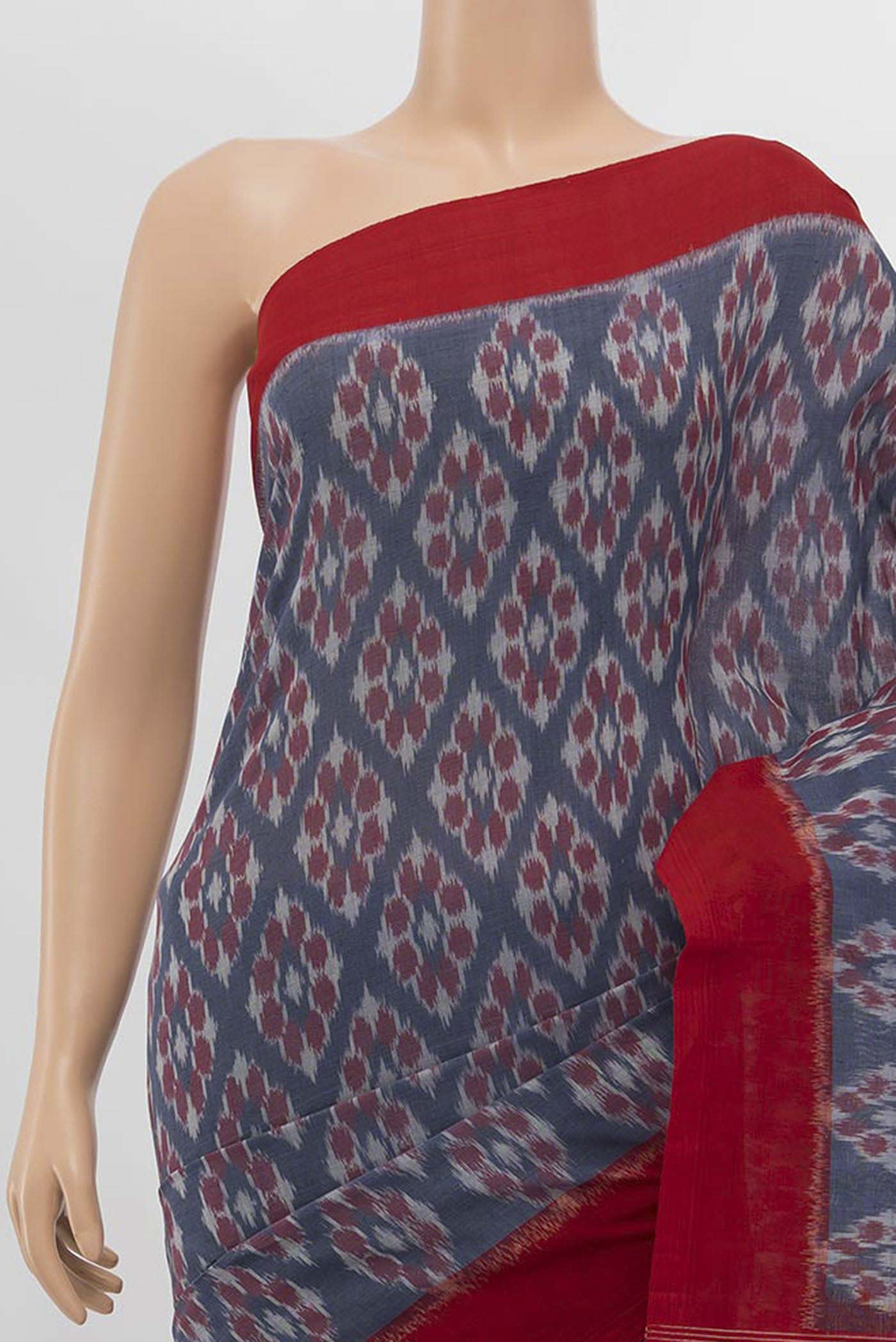 Border image of Blue Cotton Saree with Pure Ikat on the body and Plain Border