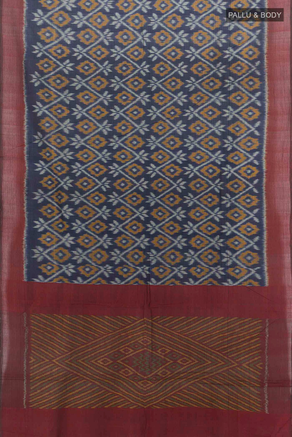 Flat view of Navy Blue Pochampally Cotton Saree with Ikat Print on the body and Ikat Border. 