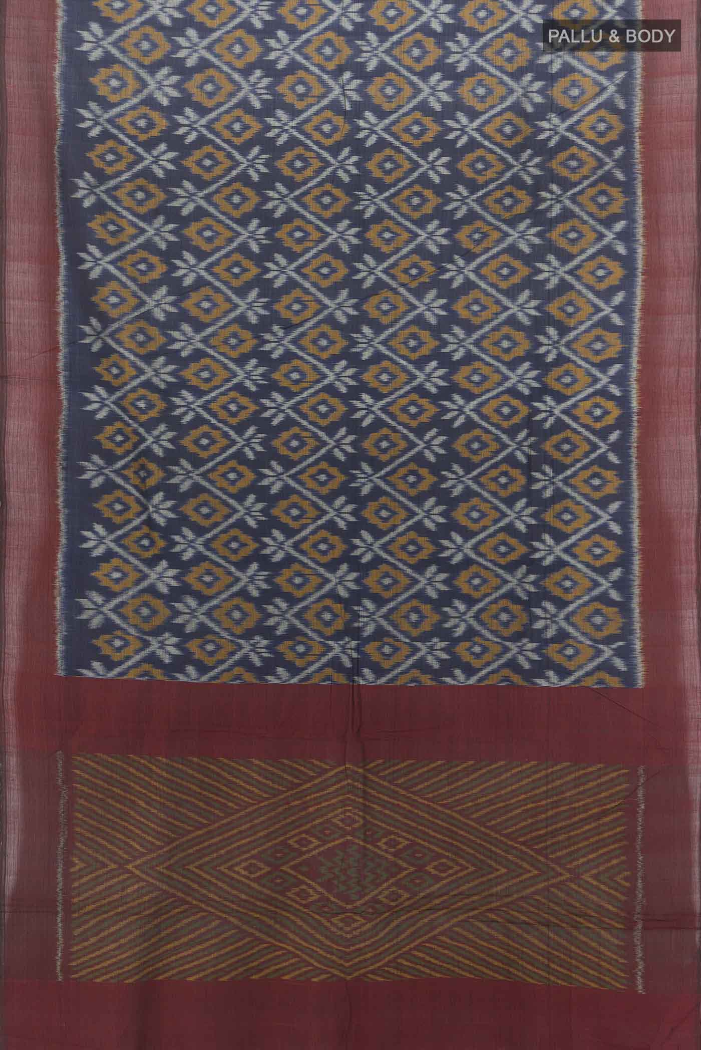 Flat view of Navy Blue Pochampally Cotton Saree with Ikat Print on the body and Ikat Border. 