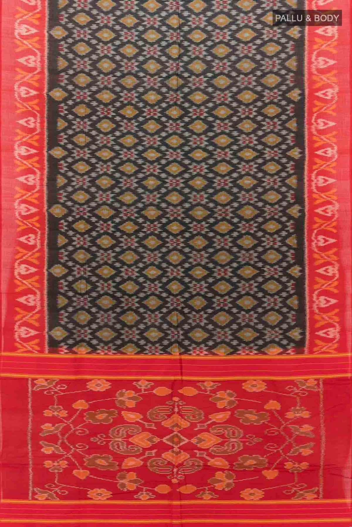 Flat view of Black Pochampally Cotton Saree with Ikat Print on the body and Ikat Border