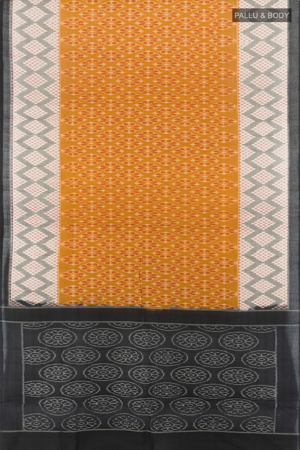 Flat view of Multi Color Pochampally Cotton Saree with Ikat Print on the body and Silk Border. 