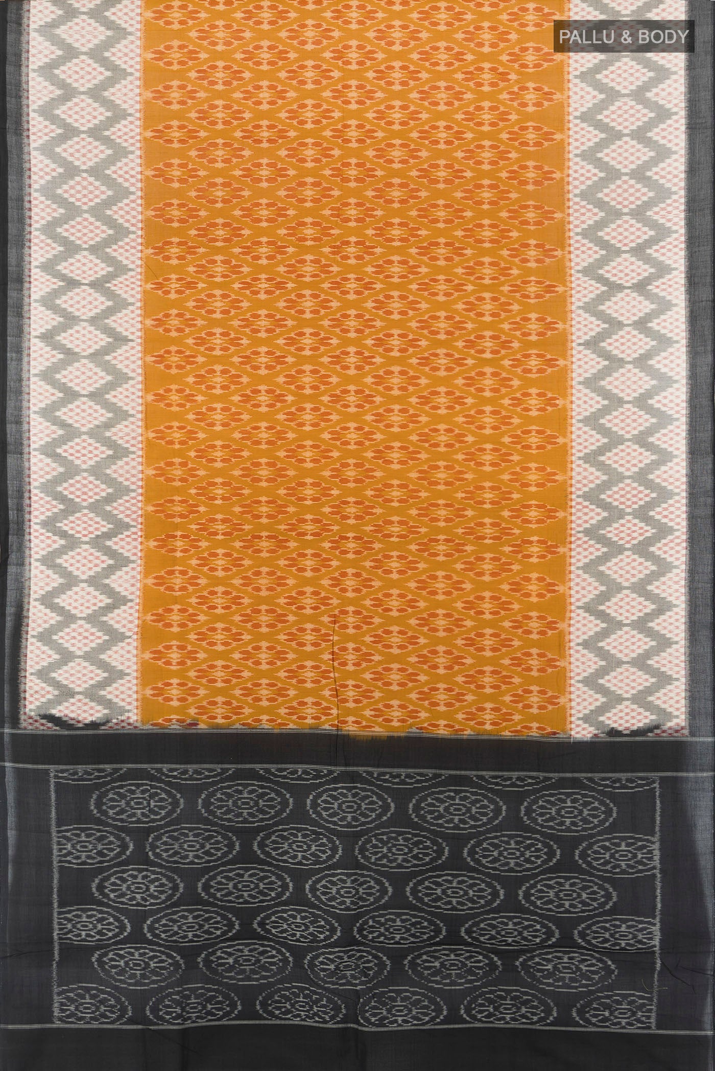 Flat view of Multi Color Pochampally Cotton Saree with Ikat Print on the body and Silk Border. 
