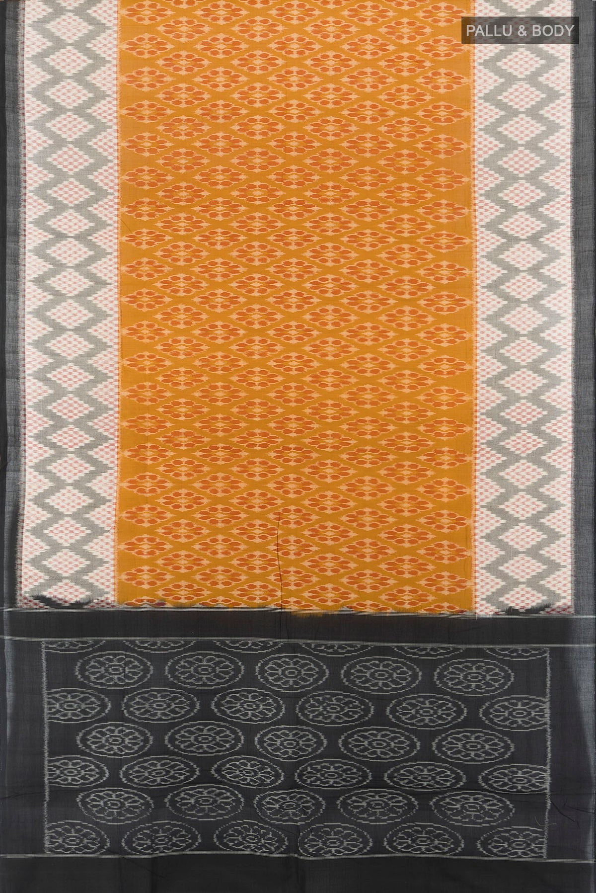 Flat view of Multi Color Pochampally Cotton Saree with Ikat Print on the body and Silk Border. 