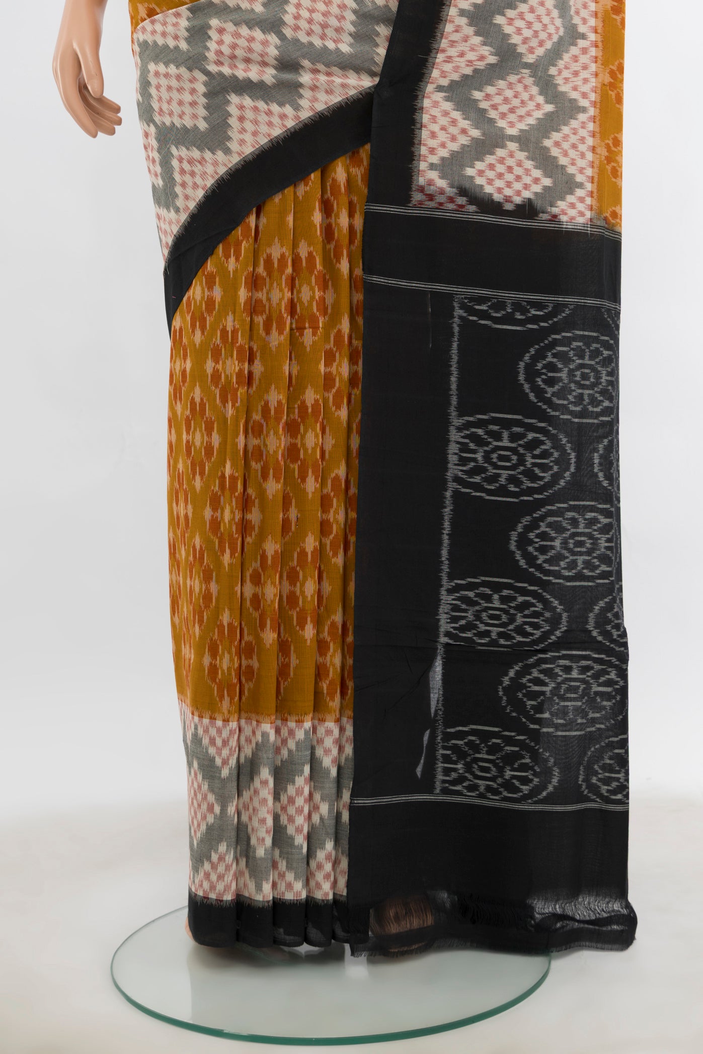 Pleats and pallu of Multi Color Pochampally Cotton Saree with Ikat Print on the body and Silk Border. 