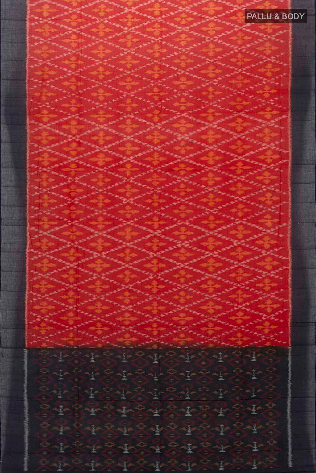 Flat view of Red Pochampally Cotton Saree with Pure Ikat on the body and Plain Border