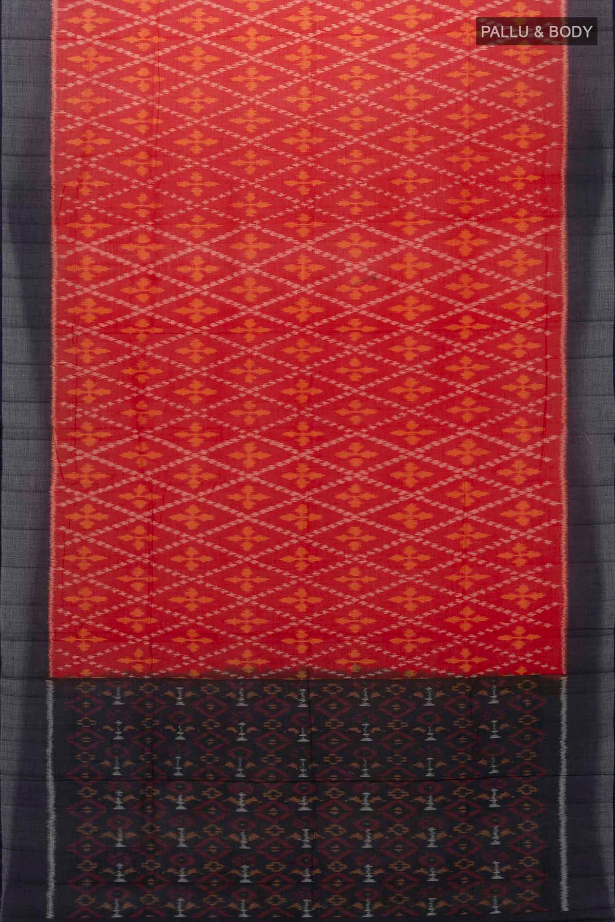 Flat view of Red Pochampally Cotton Saree with Pure Ikat on the body and Plain Border
