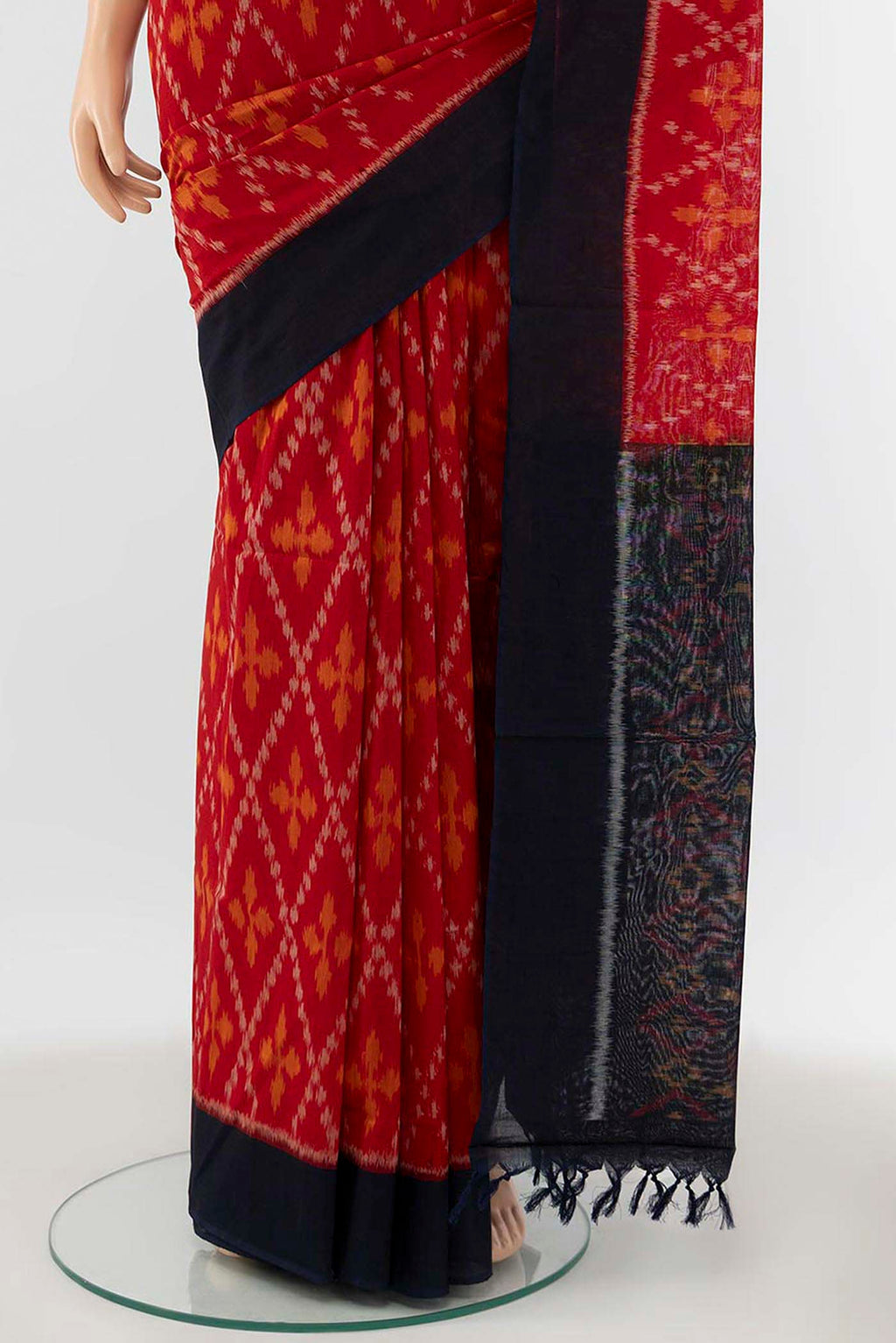 Pleats and pallu of Red Pochampally Cotton Saree with Pure Ikat on the body and Plain Border