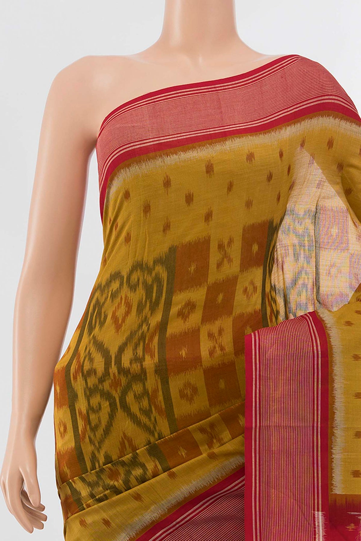 Border image of Mustard Pochampally Cotton Saree with Floral Print on the body and Ikat Border