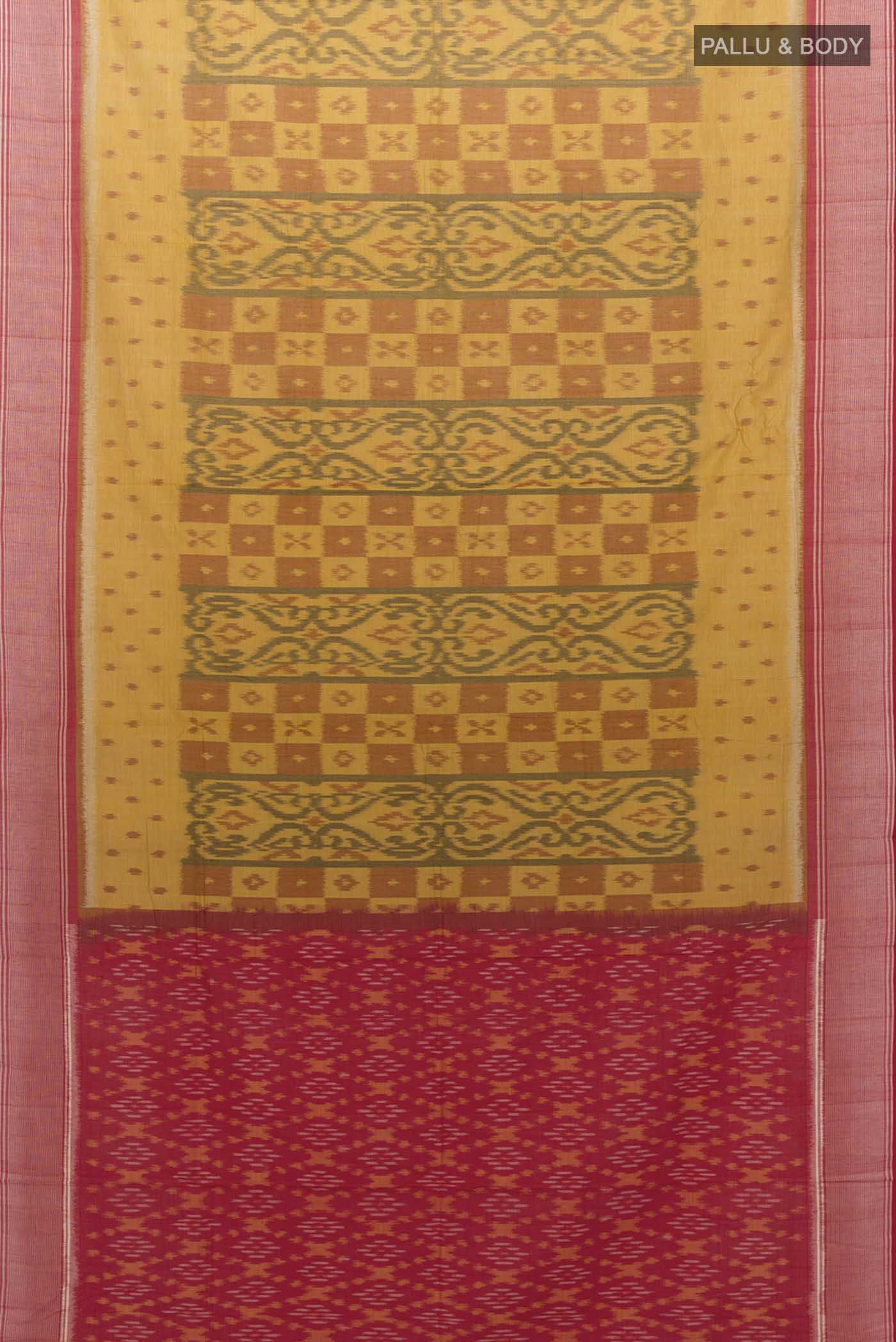 Flat view of Mustard Pochampally Cotton Saree with Floral Print on the body and Ikat Border