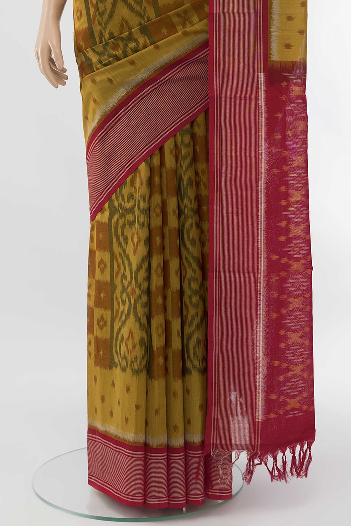 Pleats and pallu of Mustard Pochampally Cotton Saree with Floral Print on the body and Ikat Border