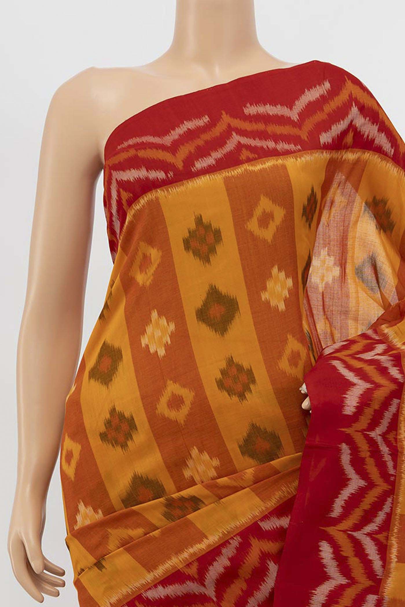 Border image of Mustard Pochampally Cotton Saree with Pure Ikat on the body and Plain Border