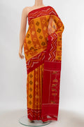 Mustard Pochampally Cotton Saree with Pure Ikat on the body and Plain Border displayed on a mannequin