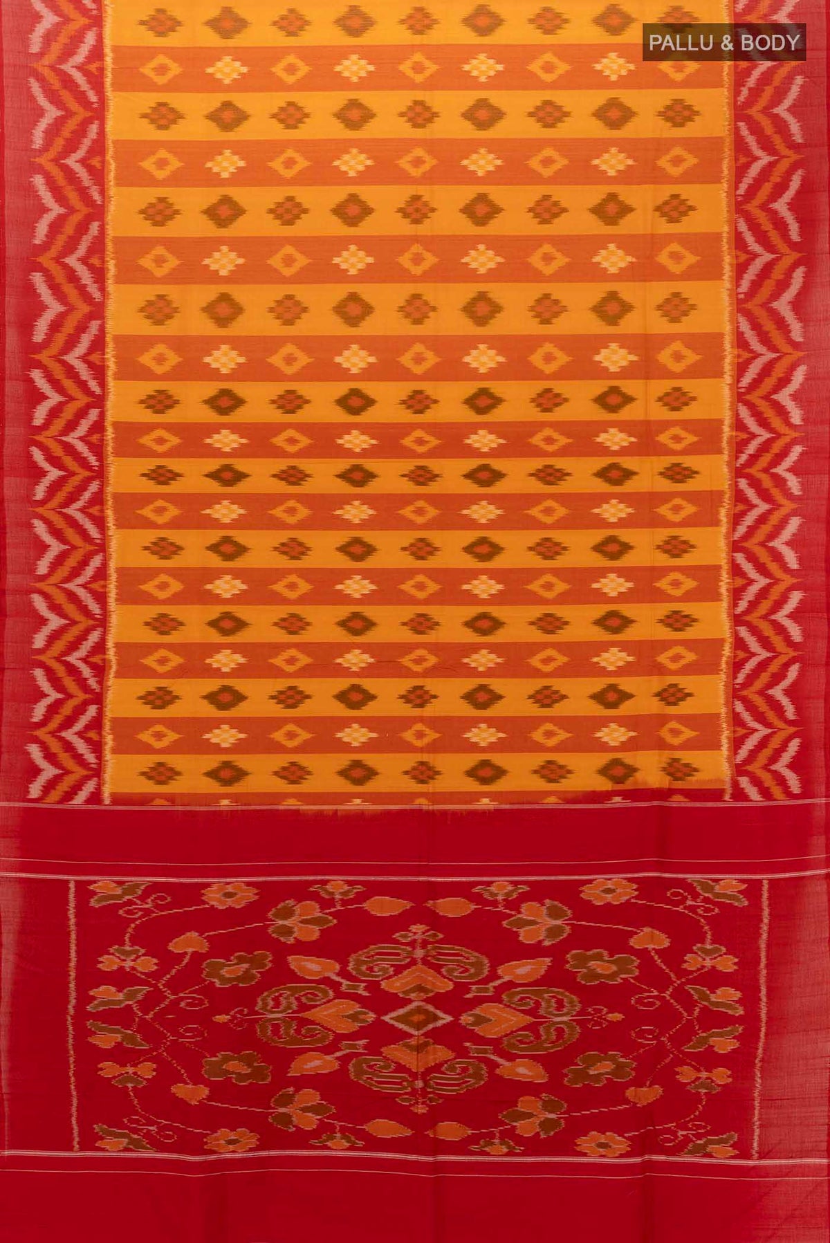 Flat view of Mustard Pochampally Cotton Saree with Pure Ikat on the body and Plain Border