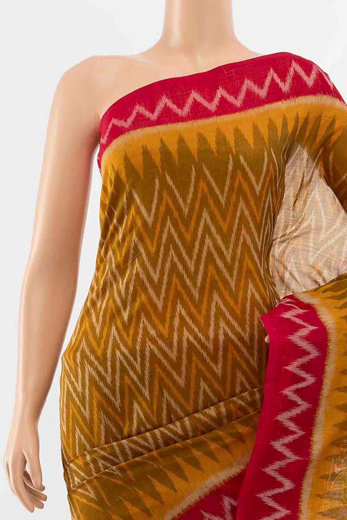 Border image of Mustard Pochampally Cotton Saree with Ikat Print on the body and Ikat Border
