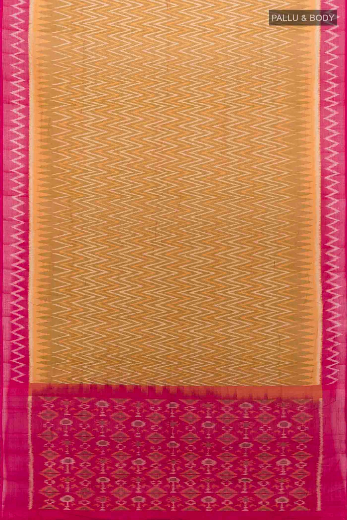Flat view of Mustard Pochampally Cotton Saree with Ikat Print on the body and Ikat Border