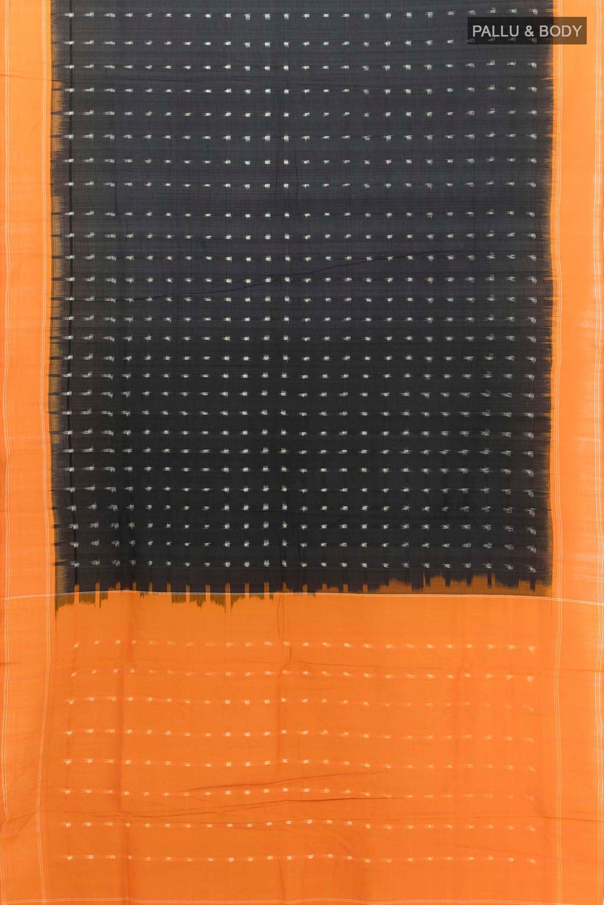 Flat view of Black Cotton Saree with Pure Ikat on the body and Plain Border