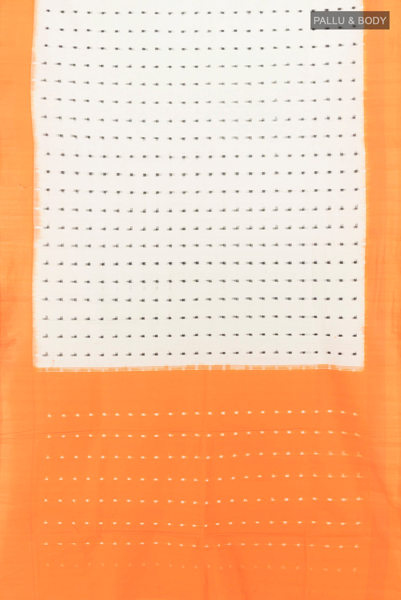 Flat view of Cream Pochampally Cotton Saree with Ikat Print on the body and Ikat Border. 