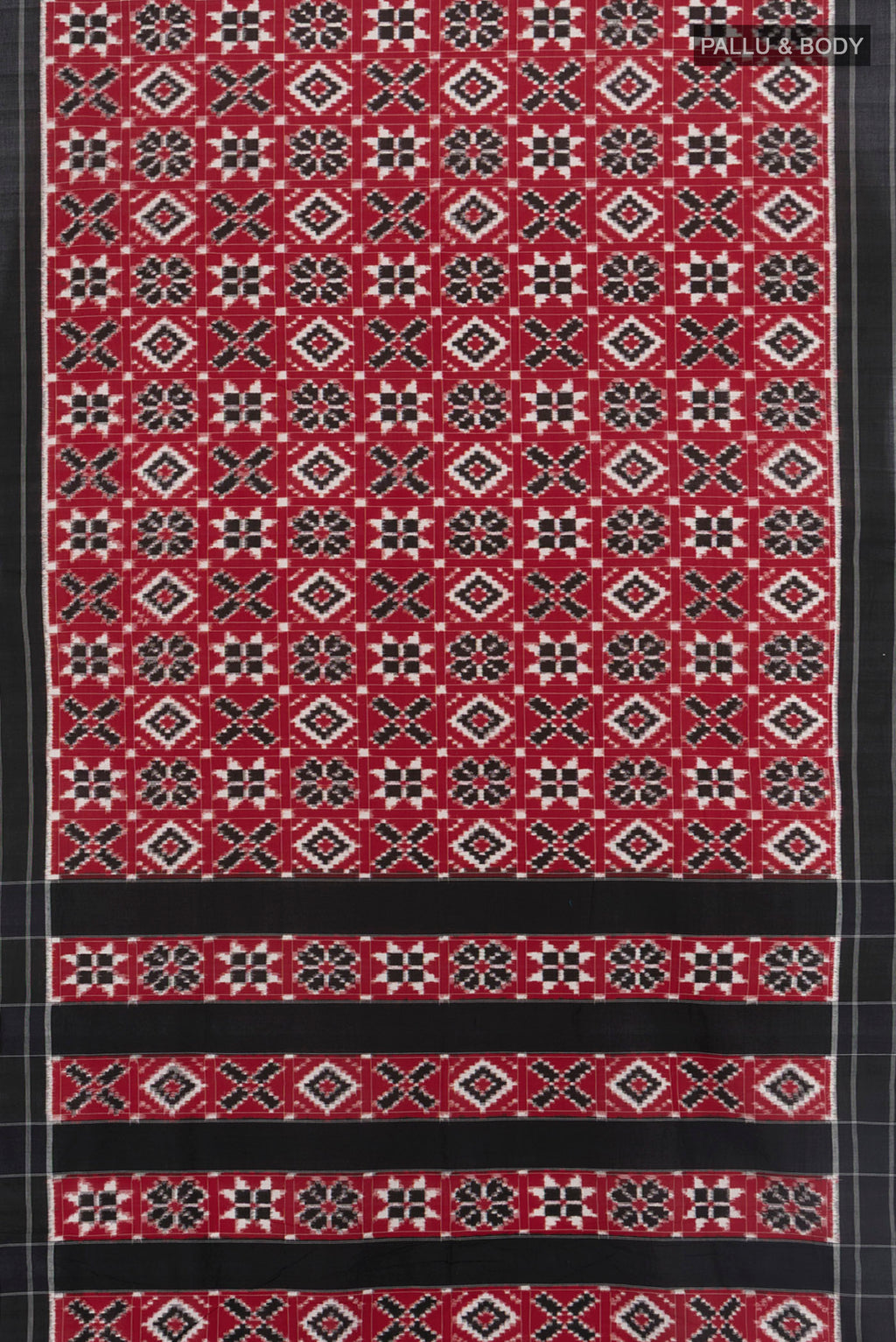 Flat view of Multi Color Orissa Silk Saree with Ikat Print on the body and Silk Border. 