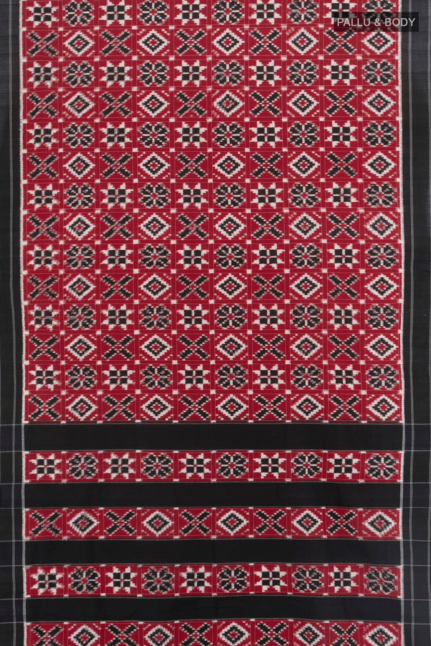 Flat view of Multi Color Orissa Silk Saree with Ikat Print on the body and Silk Border. 