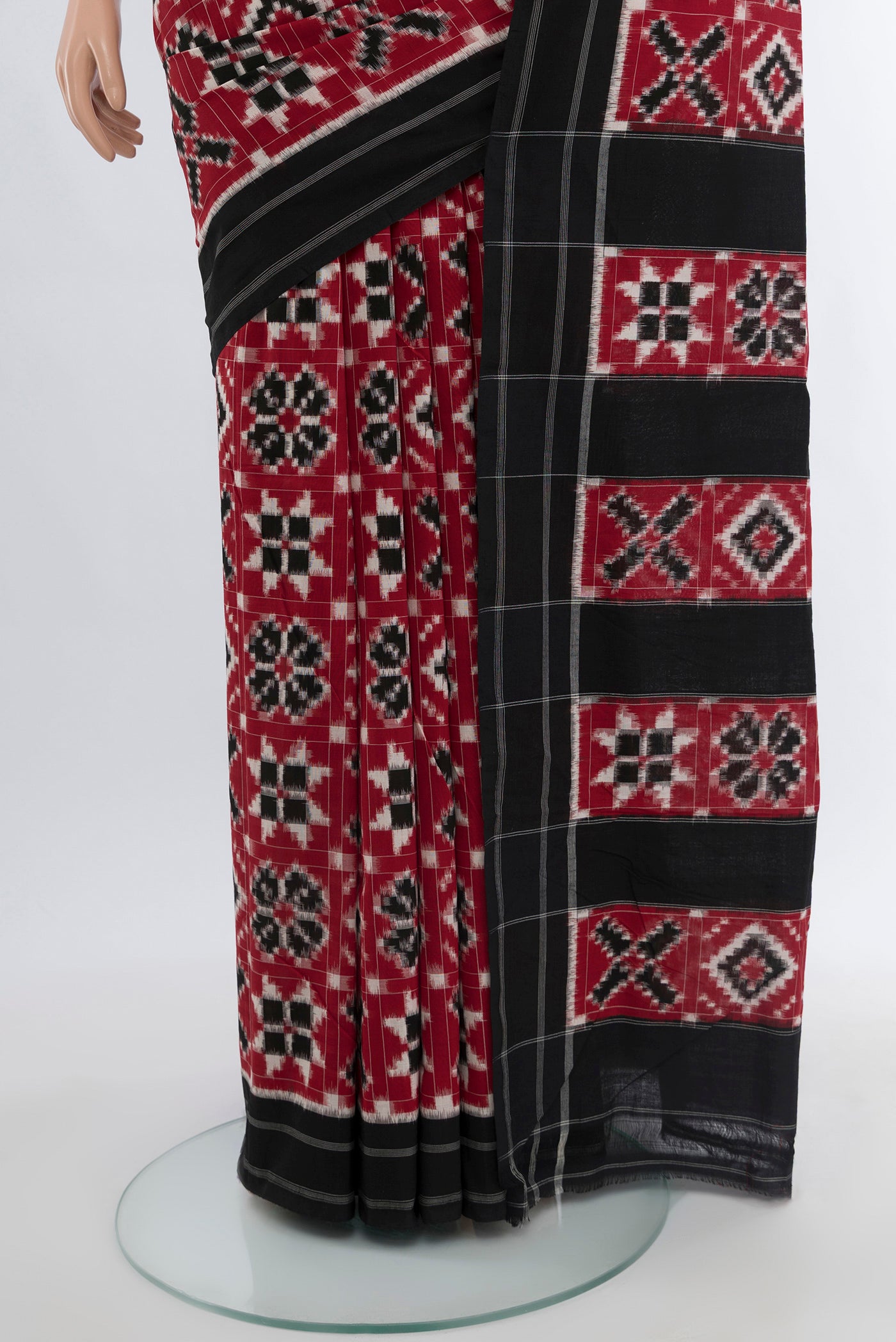 Pleats and pallu of Multi Color Orissa Silk Saree with Ikat Print on the body and Silk Border. 