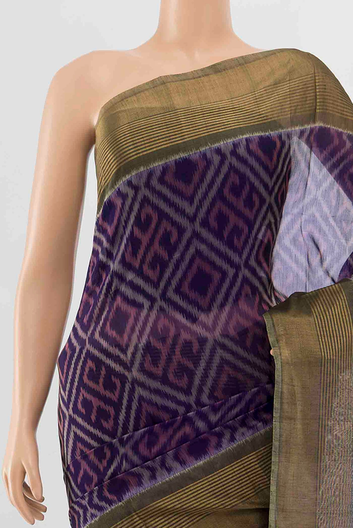 Border image of Navy Blue Kora Cotton Saree with Ikat Print on the body and Fancy Border