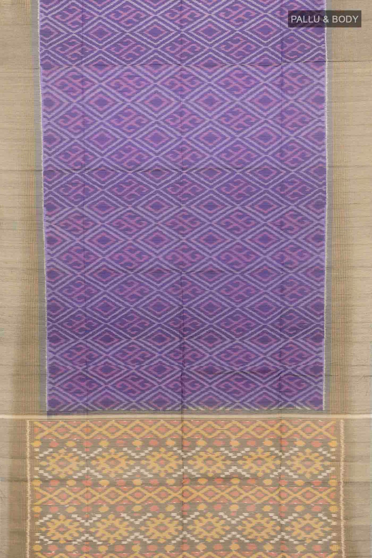 Flat view of Navy Blue Kora Cotton Saree with Ikat Print on the body and Fancy Border