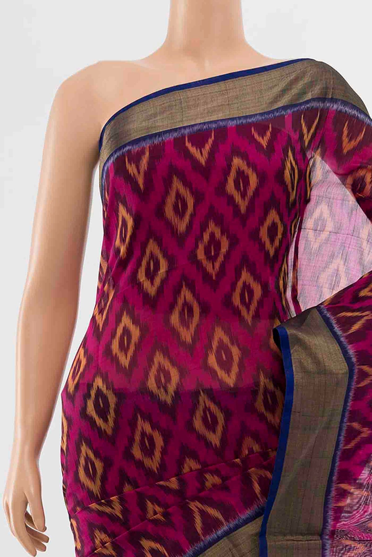 Border image of Magenta Kora Cotton Saree with Ikat Print on the body and Ikat Border