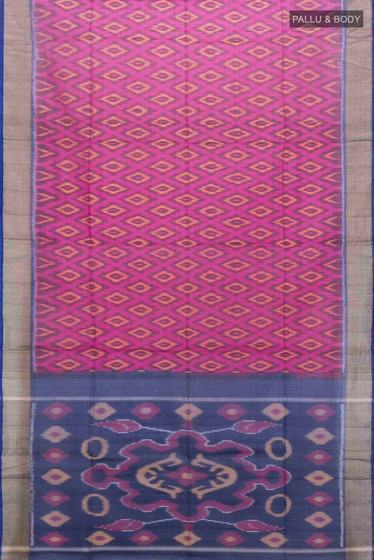 Flat view of Magenta Kora Cotton Saree with Ikat Print on the body and Ikat Border
