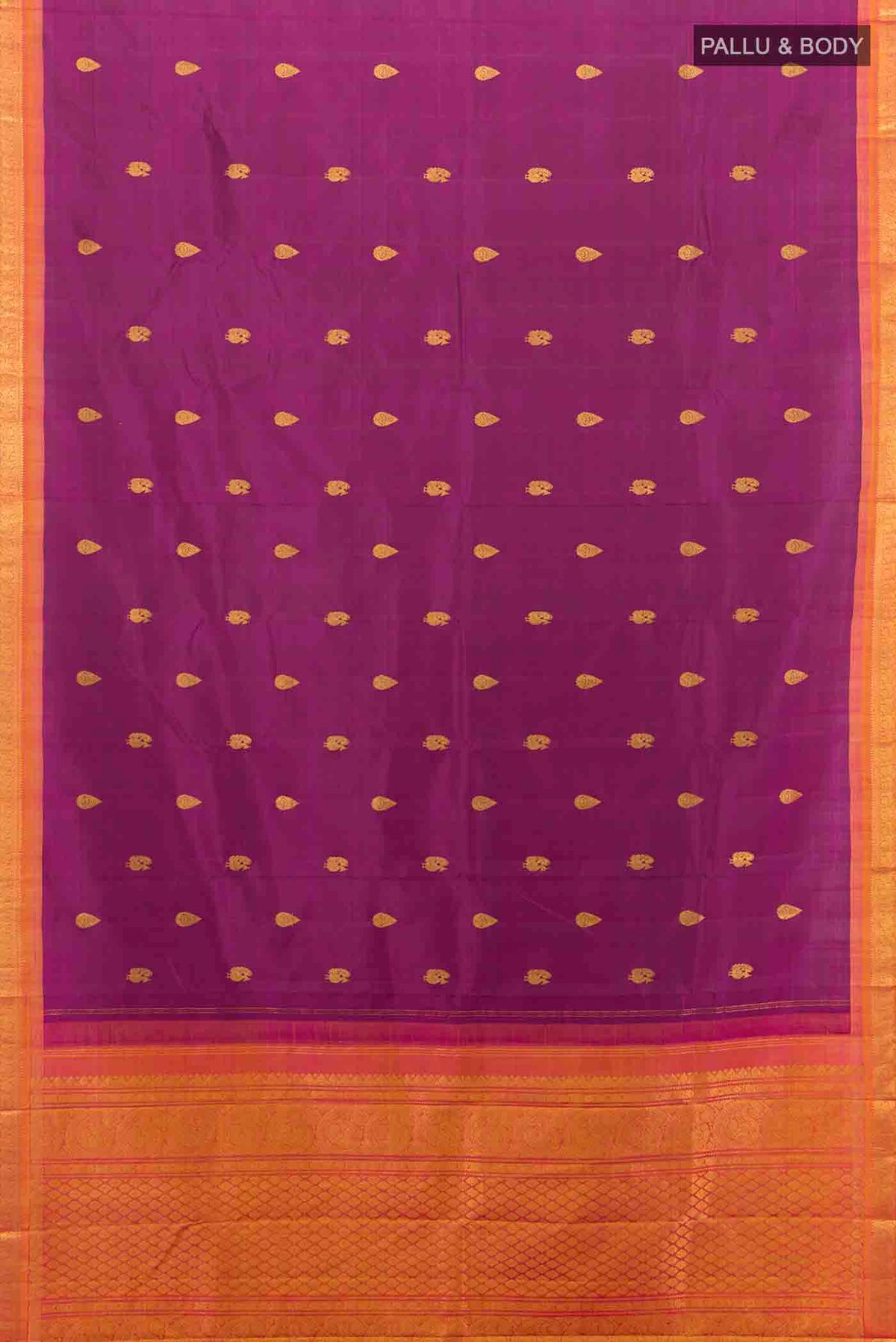Flat view of Magenta Kanchipuram Silk Saree with Zari Butta on the body and Silk Border