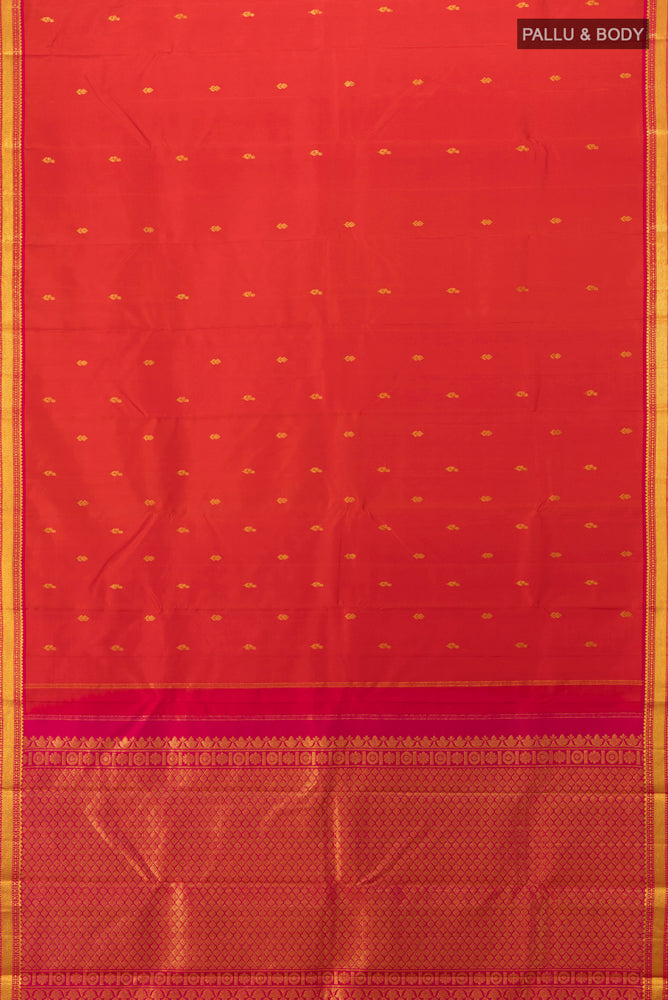 Flat view of Red Kanchipuram Silk Saree with Zari Butta on the body and Silk Border. 