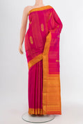 Dark Pink Kanjivaram Silk Saree with Zari Butta on the body and Silk Border.  displayed on a mannequin