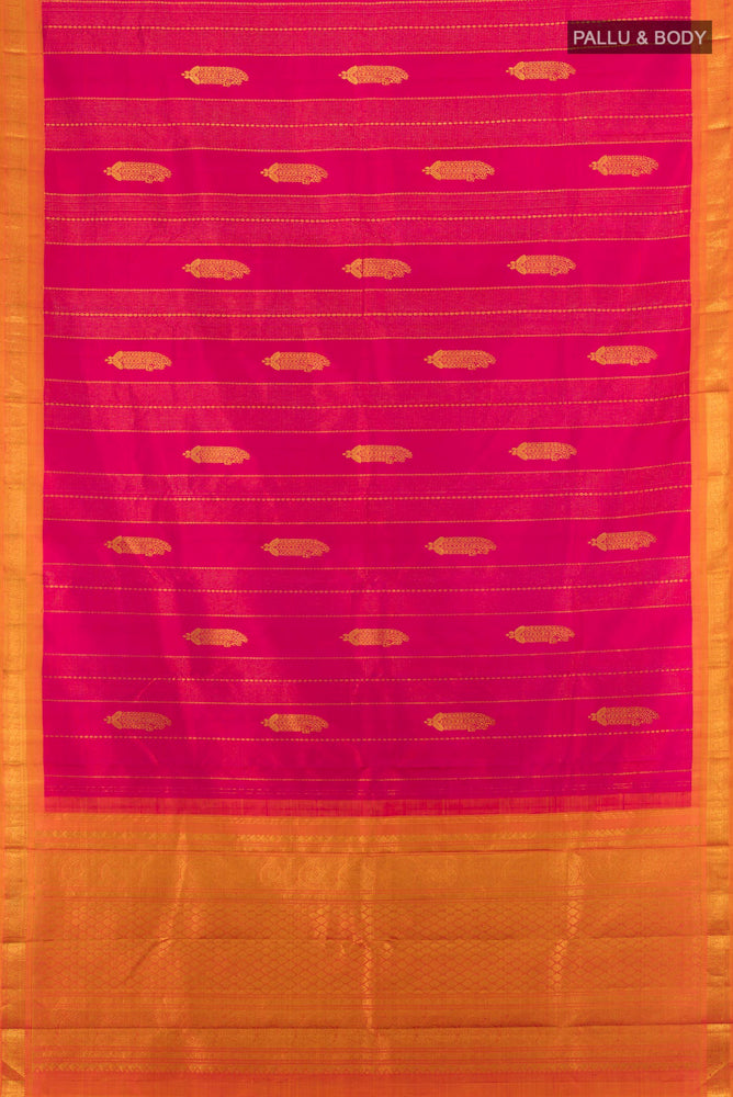 Flat view of Dark Pink Kanjivaram Silk Saree with Zari Butta on the body and Silk Border. 
