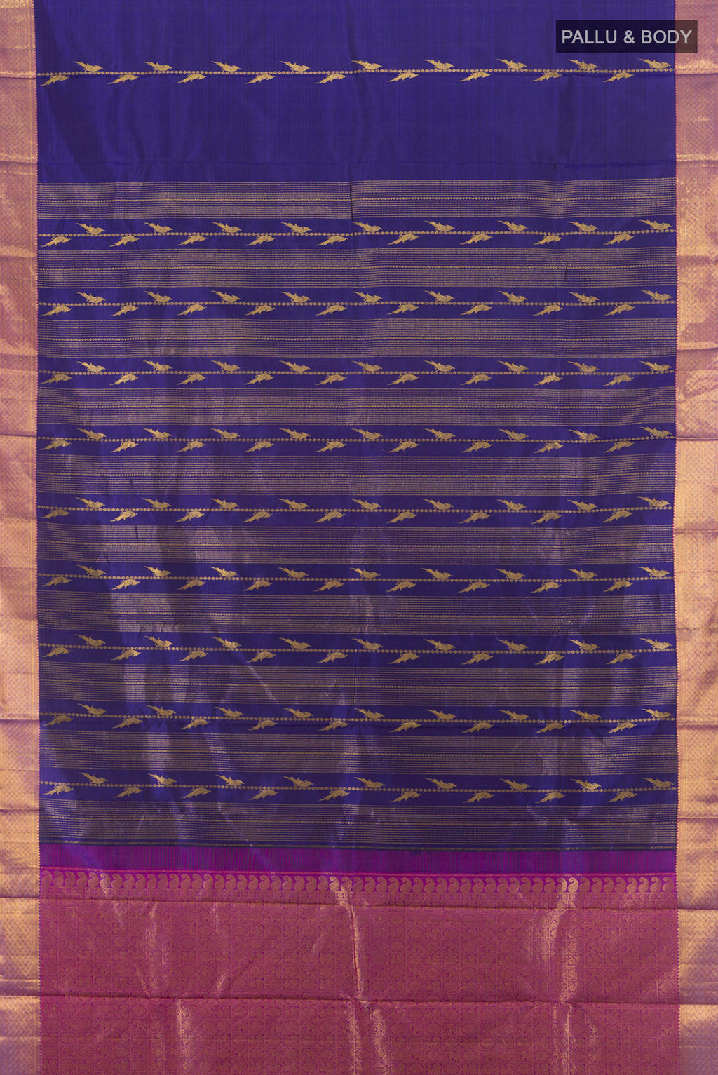 Flat view of Navy Blue Kanjivaram Silk Saree with Zari Butta on the body and Silk Border. 